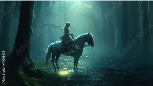Beautiful girl riding a horse in a dark forest at night.