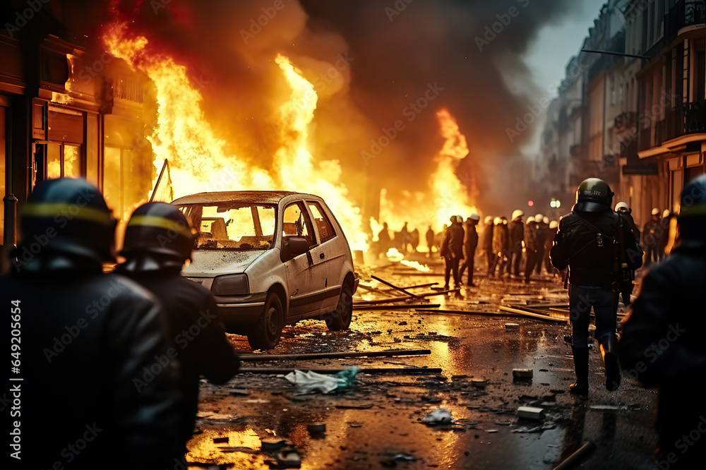 Fototapeta premium Gritty of Intense Urban Protests, Riotous Flames, and Police Action Captured in Broad Daylight created with Generative AI