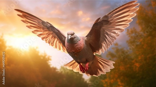 Pigeon flying in the sunset sky. Freedom and freedom concept.