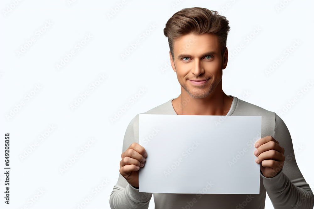 Your Message, His Hands Handsome White Man Holding a Blank Placard, Isolated for Customization and Advertisement. created with Generative AI Your Message, His Hands Handsome White Man Holding a Blank Placard, Isolated for Customization and Advertisement. created with Generative AI
