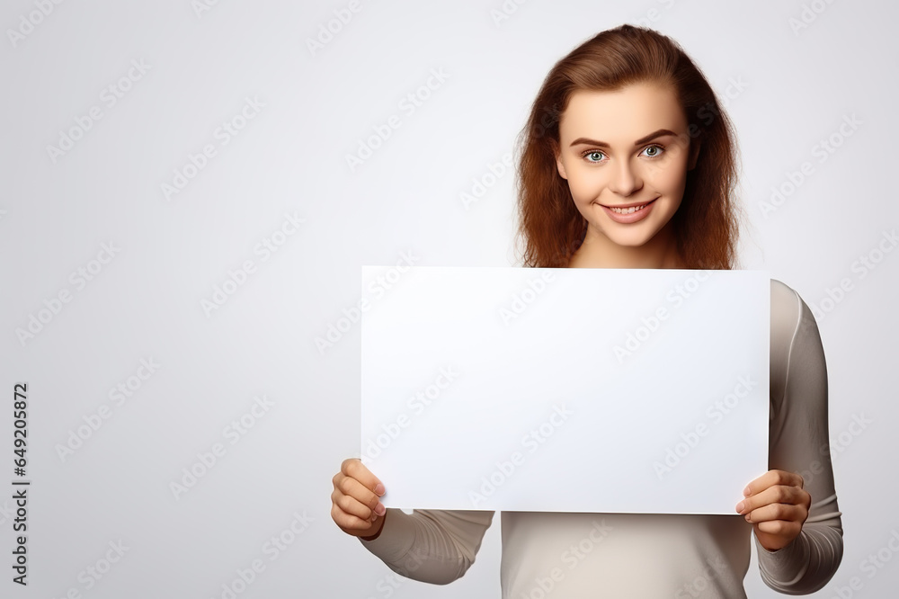 Your Message, Her Canvas Beautiful White Woman Holding a Blank Placard, Offering Empty Space for Customization and Advertisement. created with Generative AI Your Message, Her Canvas Beautiful White Woman Holding a Blank Placard, Offering Empty Space for Customization and Advertisement. created with Generative AI