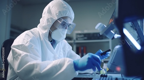 Biotechnology research wearing full suit and mask doing experiments in laboratory