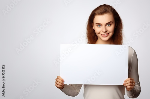 Your Message, Her Canvas Beautiful White Woman Holding a Blank Placard, Offering Empty Space for Customization and Advertisement. created with Generative AI