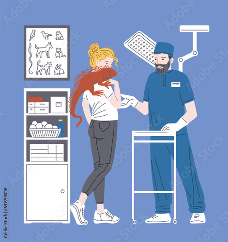 Woman with red guana in the veterinarian's office, cartoon chameleon lizard sits on the owner, vector pet reptile care