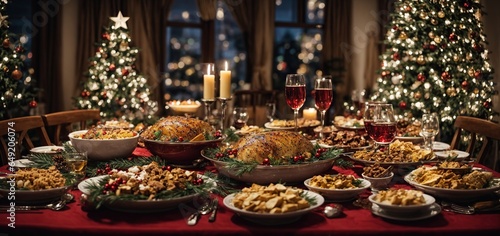 The lights of a Christmas tree twinkle in the distance, illuminating a festive Christmas dinner table piled high with traditional foods, refreshments, and New Year's decorations.,christmas celebration