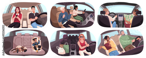 Cartoon people in cars. Drivers and passengers in vehicles, men, women and children, child safety seat, leather interior. Automobile traffic. Girls and boys drivers. in auto. Tidy vector set