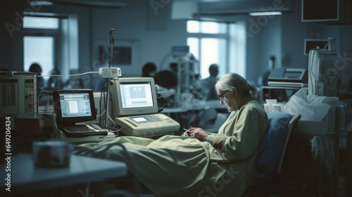 An old lady is lying in a hospital bed very sick. Grandma connected to machines in the hospital.