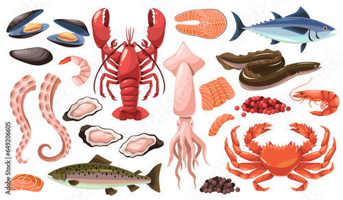 Cartoon raw sea food products. Marine and oceanic gourmet delicacies, fish and shellfish, phosphorus and omega 3 vitamins. Lobster and oyster mollusk, salmon and shrimp. Tidy vector set