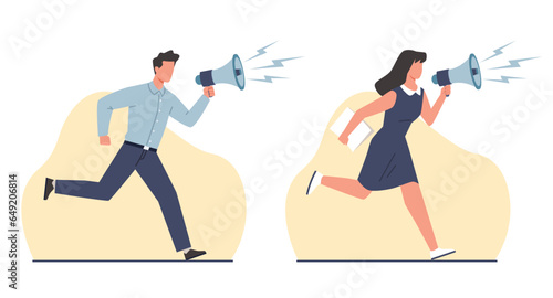Concept of commercial, guy and girl running and talking into megaphone. Male and female characters hold loudspeaker, shouting message. Public announcement. Vector cartoon flat illustration
