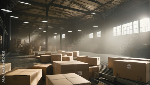 a warehouse with stacks of various sizes of cardboard boxes  sunlight through windows.