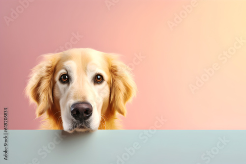 Creative animal concept. Golden Retriever dog puppy peeking over pastel bright background. advertisement, banner, card. copy text space. birthday party invite invitation
