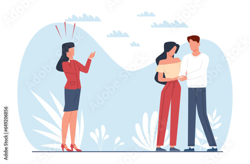 Concept of deception and cheating, girl watches her lover embrace another woman. Fake romantic relationships. Love triangle. Angry wife and happy couple, vector cartoon flat isolated illustration