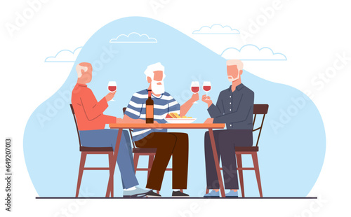 Concept of elderly friends vacationing, grandfathers sitting at table in cafe, drinking wine and talking. Senior people in cafe drink alcohol. Vector cartoon flat isolated pensioner illustration