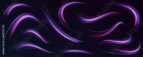 A large set of low-poly designs made of thin lines in the form of branches, spirals and arcs. Expressway, car headlight effect. Speed connection vector background. 