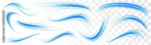 Wavy transparent curved lines in the form of a blue wave, dynamically flowing sea water in a large set of different contour shapes.