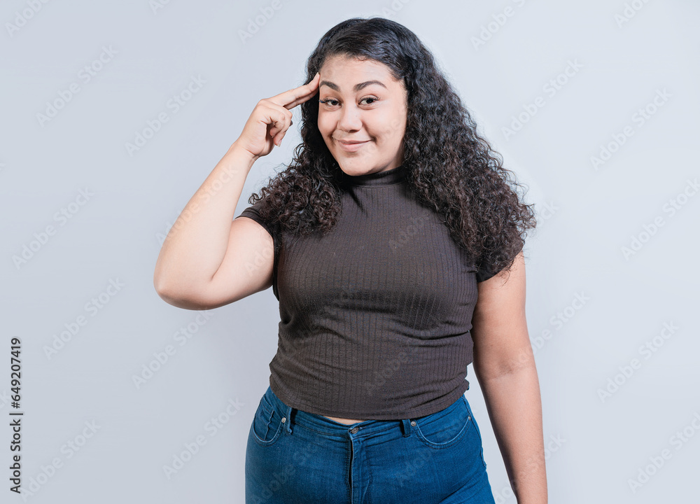 Woman thinking with finger on head isolated. Smiling people thinking with finger on head on white background Woman thinking with finger on head isolated. Smiling people thinking with finger on head on white background