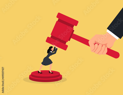 Social inequality, discrimination. Female business owners or investors try to survive from a large hammer.