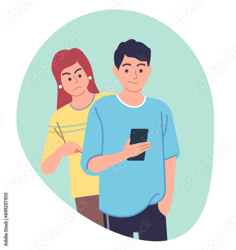 Curious girl tries to sneak peek at phone of guy who uses social media on his smartphone. Mistrust and suspicion in relationships. Informational espionage. cartoon flat isolated vector concept