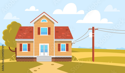 Electricity supply of private house. Cables and transformers, high voltage electricity grid pylons, distribution power energy and supply. Cartoon flat style isolated vector concept