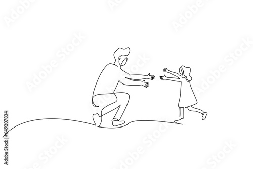 father and daughter meet in the park, hug, become happy line art