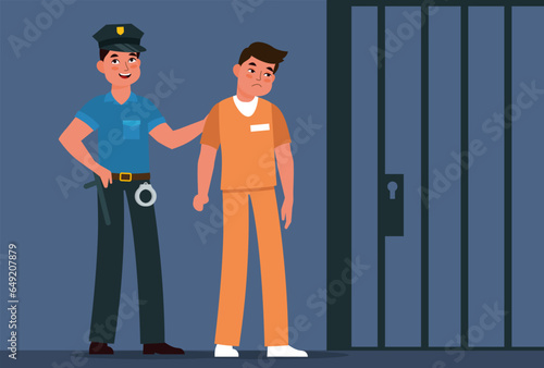 Jailer leads convict to prison cell. Policeman and prisoner in handcuff near jail. Jailhouse cage lattice. Punishment system. Cartoon flat style vector imprisoning lawbreakers concept
