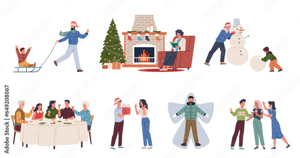 People celebrating christmas. Families, happy friends and couples preparing for holiday, give gifts, drink wine, have dinner. Parent and child making snowman. nowaday vector cartoon flat set