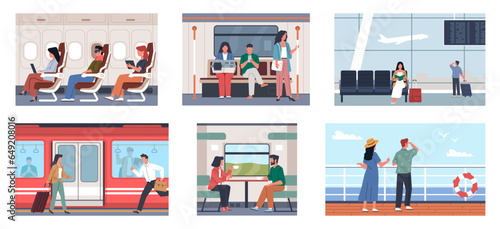 Passenger characters. People travel by train, bus and subway, public transport interior, persons standing and sitting. Urban transportation cartoon flat style isolated nowaday vector set