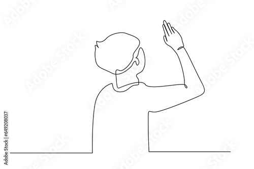 young little student classroom school teacher asks a question student asks permission to answer raises her hand line art