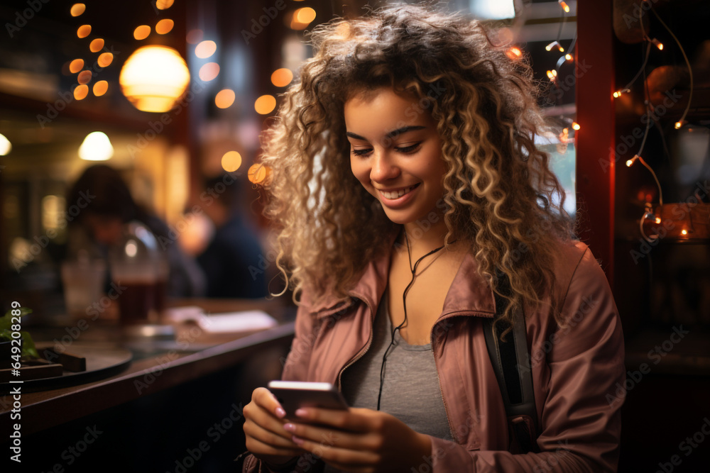 Young woman using smartphone for online shopping in a coffee shop made with AI Young woman using smartphone for online shopping in a coffee shop made with AI