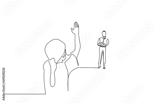 young little student classroom school teacher asks a question student asks permission to answer raises her hand line art