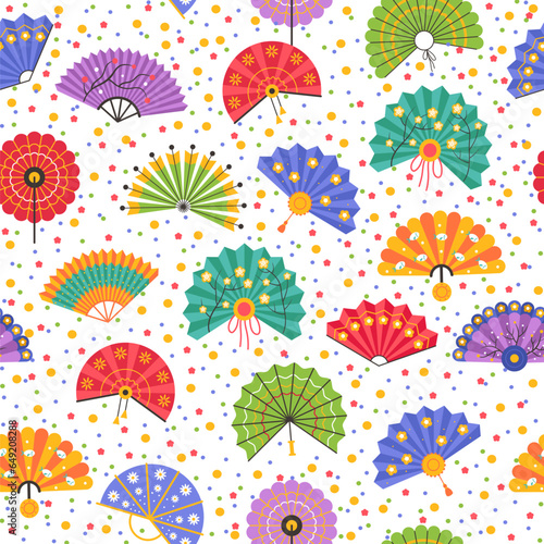 Seamless pattern with different fans. Japanese folding geisha accessories. Decor textile, wrapping paper, wallpaper design. Print for fabric. Cartoon flat style isolated vector concept
