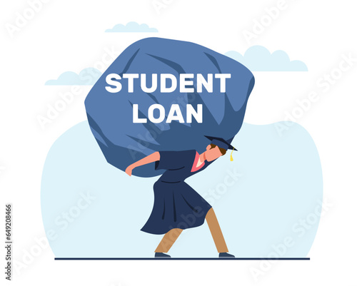 Student loan, man in graduated suit holding heavy student loan rock. Expensive cost for education. Credit for university or college. Cartoon flat style isolated illustration. Vector concept