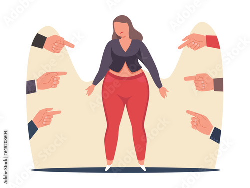 Unhappy full woman who is shamed and bullied. Sad person being body shamed feeling self conscious. Violence victim. People point fingers. Cartoon flat style isolated vector concept