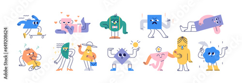 Cute geometric characters set. Funny shapes with happy face expressions, emotions. Geometry figures with eyes, hands and legs in kids style. Flat vector illustrations isolated on white background