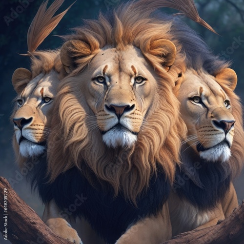 A group of lions on a tree branch Generative AI 