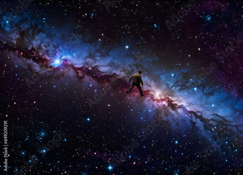 Man running across endless universe with sparkling stars, galaxies, and nebulas in outer space. Amazing Cosmos Background. Digital illustration. CG Artwork Background