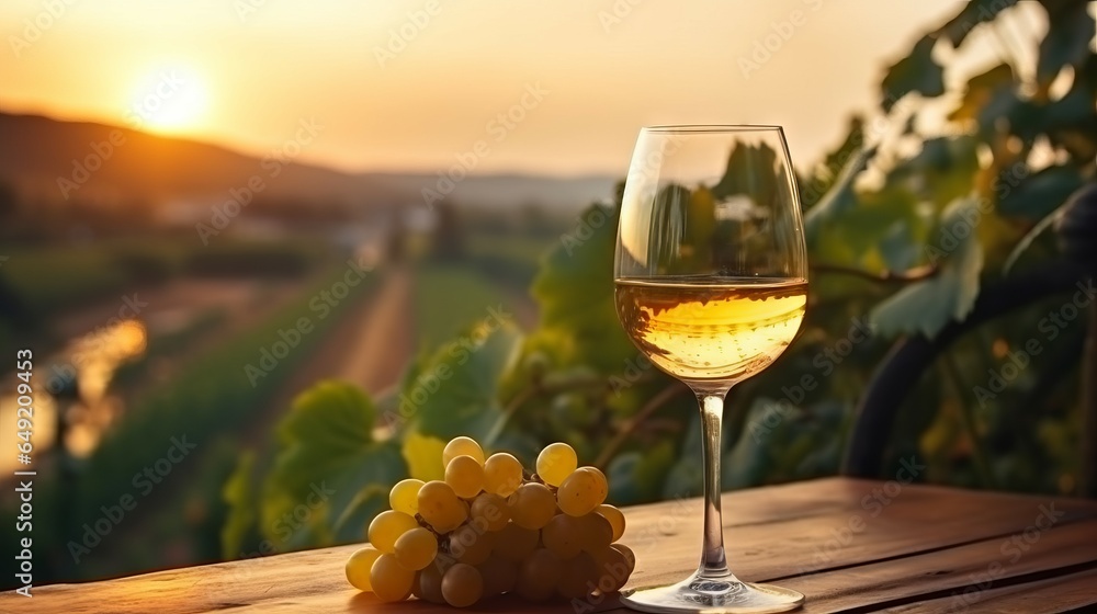 A glass of white wine with a vineyard in the background. Sunset over a beautiful grape farm with a glass of green wine standing on a table. Composition of a champagne glass with grapes in a restaurant