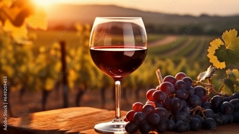 A glass of red wine with a vineyard in the background. Sunset over a beautiful grape farm with a stem glass of red wine standing on a table. Composition of a red wine glass in a beautiful restaurant.