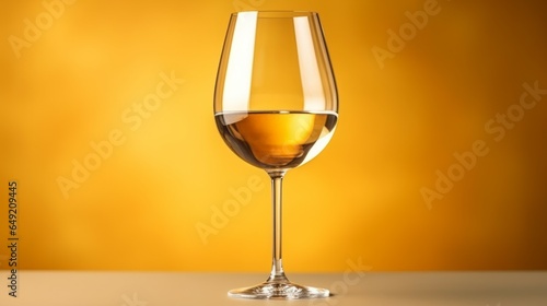 A glass of white wine in a studio closeup. Product photography. Glass of green wine standing on a table on a yellow background. Composition of champane in a stem glass isolated. photo