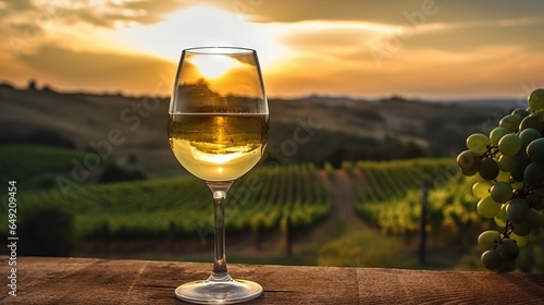 A glass of white wine with a vineyard in the background. Sunset over a beautiful grape farm with a glass of green wine standing on a table. Composition of a champagne glass in a beautiful restaurant.