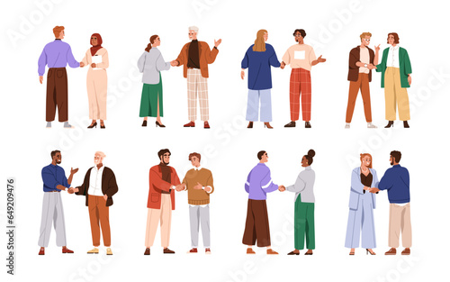 Business characters during handshakes set. Happy smiling people shaking hands with respect, greeting, agreement and congratulation. Flat graphic vector illustrations isolated on white background