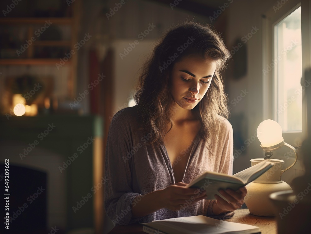 Caucasian woman reading the book at home. Caucasian woman reading the book at home.