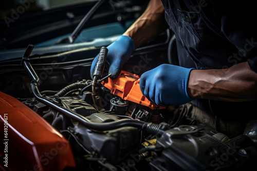Skilled hand performs mechanical car service, ensuring meticulous engine maintenance in an automotive garage. Expert repair for a smoothly running vehicle.