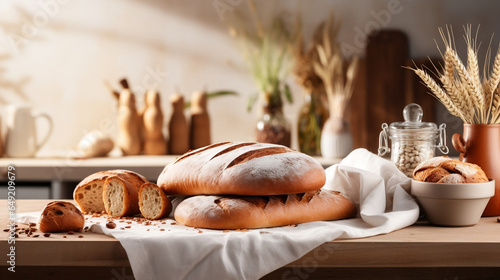 variety of bread on the table, sourdough bread, baguette, food photography style, bakery advertisement, artisan bread