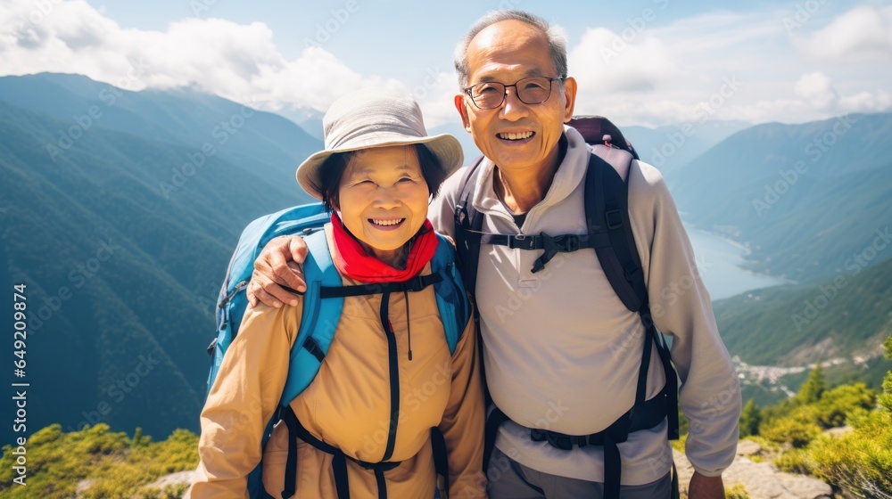 Elderly Asian couple with backpacks, amidst mountains and overlooking the serene sea. Generative ai.