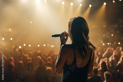 Stellar woman shining on stage at a musical concert, captivating the audience in the vibrant nightlife. A festival of entertainment and star-studded moments