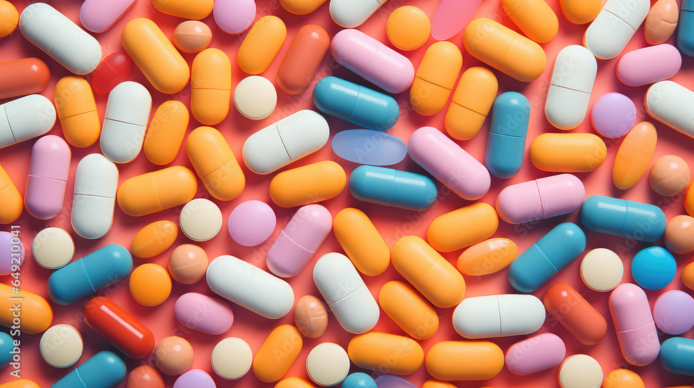 Above view of various pills and a bunch of medical capsules isolated on flat orange background with copy space. Creative wallpaper for vitamins, dietary supplements, medicines. 