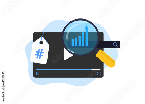 Video Keyword Research concept. Optimize video channel media content for search engine. Find Most Popular Keywords and Tags. Vector illustration isolated on white background with icons
