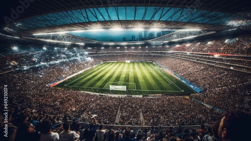 Soccer stadium with fans and lights at night. 3D rendering