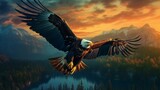 	
Beautiful eagle flying in the mountains at sunset 